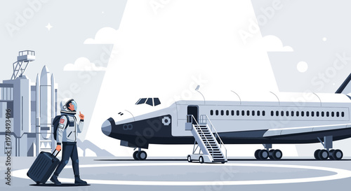 Astronaut embarking on a new adventure taking off with the airplane for space travel