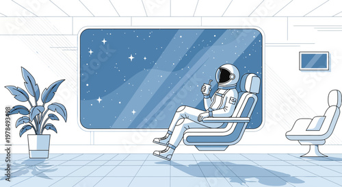 Astronaut enjoying a beverage while gazing through spacecraft window at the starry cosmos