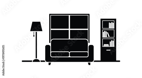 A minimalist black silhouette depicts a living room setup with a sofa bookcase and floor lamp