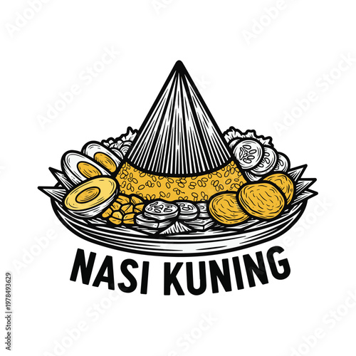 Nasi Kuning Dish Illustration Featuring Typical Indonesian Cuisine