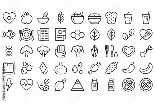 Healthy Diet Icons with Fruits Vegetables and Nutrition Symbols