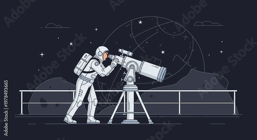 Astronaut gazing through telescope at faraway stars from moon base observatory deck
