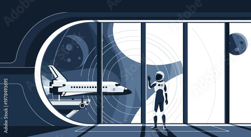 Astronaut in a futuristic space station waving goodbye to a spaceship ready for departure