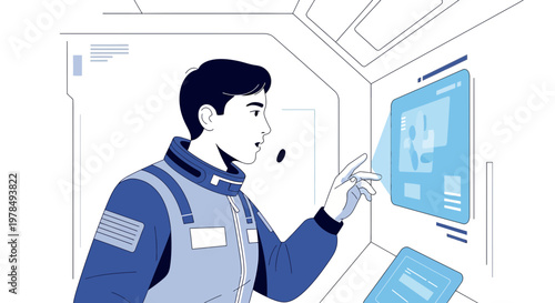 Astronaut interacting with advanced touch screen interface during a space mission simulation