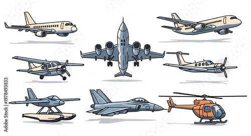 Collection of various aircraft types including airplanes and helicopter.