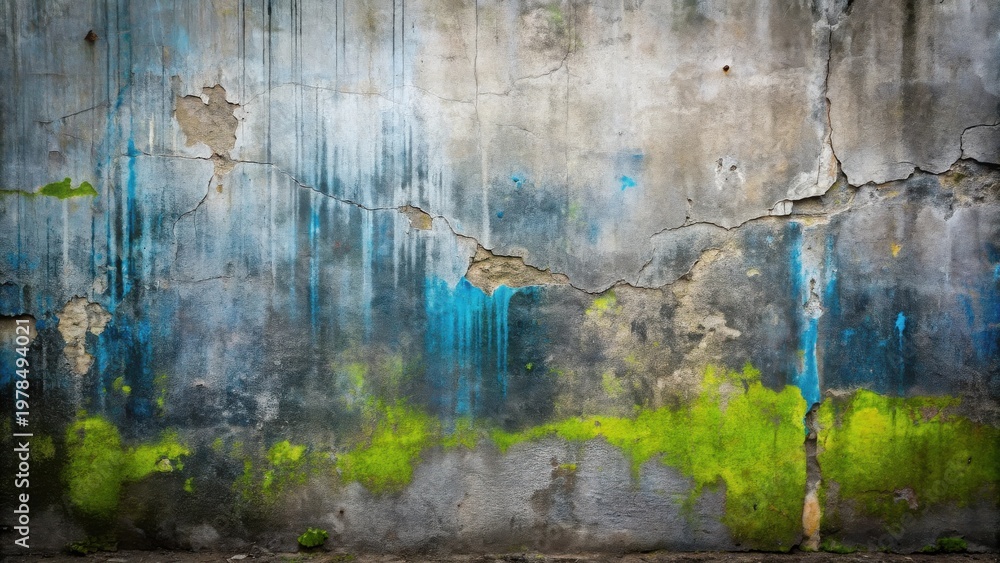 Naklejka premium Distressed Wall Texture with Teal and Lime Accents A Weathered Concrete Surface Showing Age and Decay