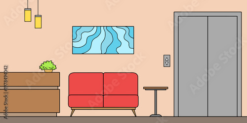 Hotel lobby reception interior graphic color sketch illustration vector 