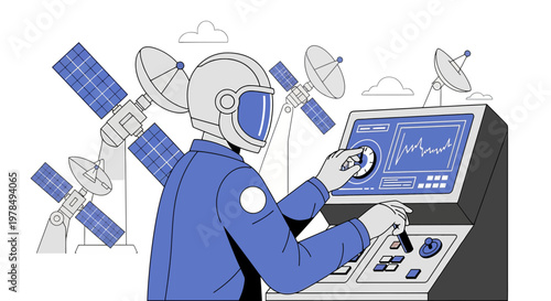 Astronaut monitoring satellites from the mission control center, operating futuristic technology