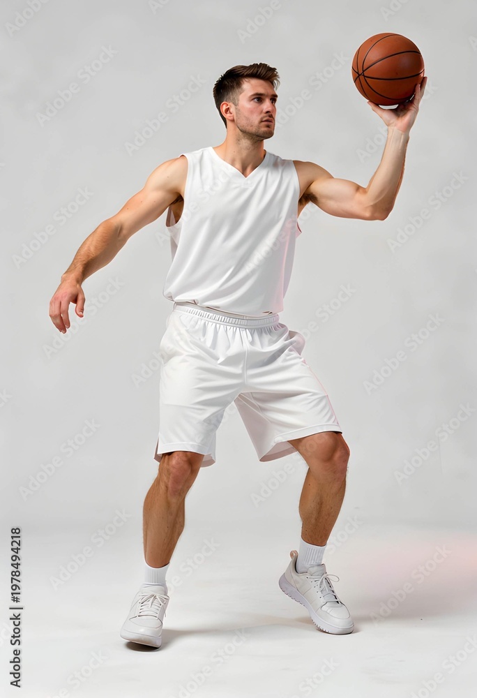 © UMAIR - Athletic young man in white uniform focuses intently while holding a basketball high above his head during a professional photoshoot session to showcase his skills and physical fitness level for a spo © UMAIR - Athletic young man in white uniform focuses intently while holding a basketball high above his head during a professional photoshoot session to showcase his skills and physical fitness level for a spo