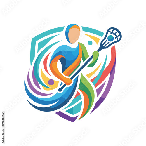 Colorful Lacrosse Player Illustration with Shield and Swirls Representing Speed and Motion