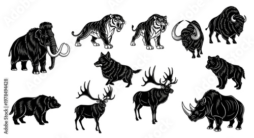 Ice Age Prehistoric Wildlife Illustration Set with Mammoth Saber Tooth Tiger and Woolly Rhino Vector