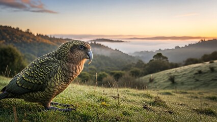 Majestic Parrot Bird in Scenic Mountain Landscape During Golden Hour Sunrise Marine Endangered Species Photos