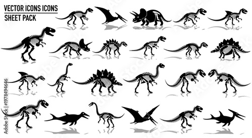 Ancient Dinosaur Fossil Skeleton and Reptile Silhouette Vector Icon Illustration Pack