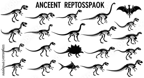 Ancient Dinosaur Skeleton and Reptile Fossil Silhouette Vector Design Element Set