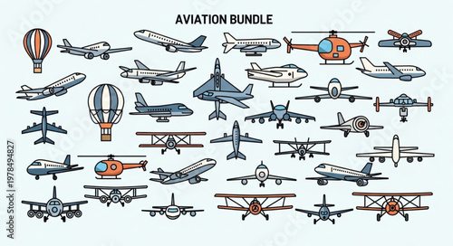 Collection of various aircraft and hot air balloons.