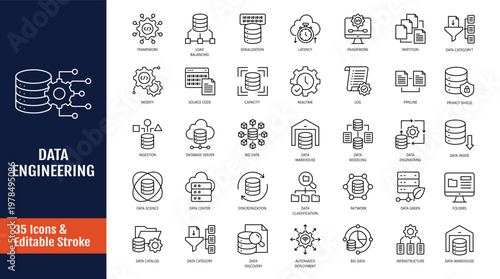 Data Engineering icon set. Outline icon with Editable stroke. Vector illustration