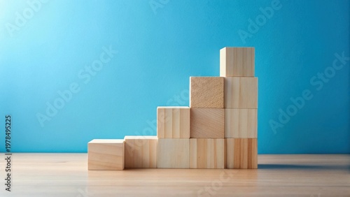 Wooden Blocks Arranged in Ascending Order Against a Light Blue Background on a Wooden Surface, Representing Growth and Progress