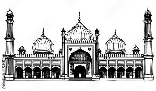 Jama Masjid Delhi ink sketch vector illustration Mughal mosque architecture design