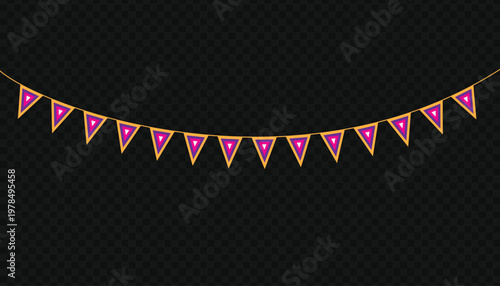 Colorful bunting triangular flags banner garland string vector illustration set festive party celebration birthday decoration elements