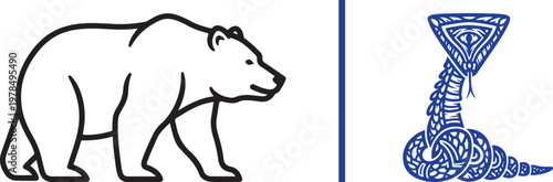 Bear and cobra snake vector illustration set with minimalist line art and tribal patterns for logo design