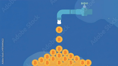 illustration of a minimalist showing a water faucet pouring bitcoin