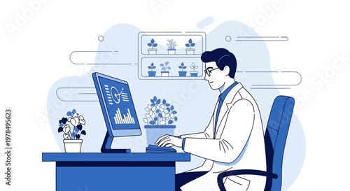 Botanical researcher analyzing growth data with software in a controlled lab environment