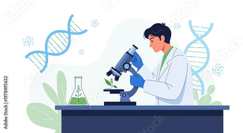 Botanical research scientist examining plant specimen under a microscope within lab setting