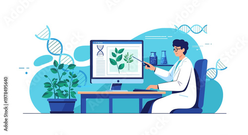 Botanical researcher analyzing plant dna and leaves using technology in modern laboratory
