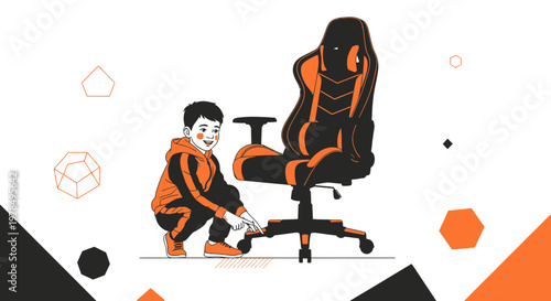 Boy adjusting modern ergonomic gaming chair with orange accents and geometric design elements
