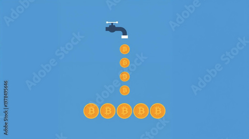 illustration of a minimalist showing a water faucet pouring bitcoin