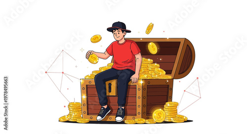 Boy celebrating financial success while sitting atop a treasure chest brimming with gold coins