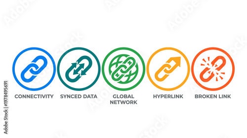 Connectivity Synced Data Global Network Hyperlink Broken Link Vector Illustration | Digital Communication Icons | Internet Infrastructure Graphic | Web Functionality Symbol