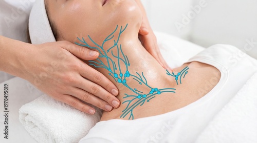 Beautician performing lymphatic drainage massage on neck of woman. Therapist stimulating nodes for detoxification and skin rejuvenation. Professional spa procedure for facial health.