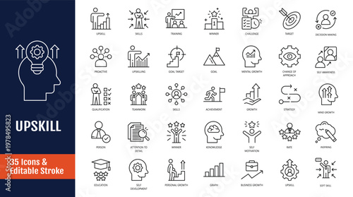 Upskill icon set. Icons related to upskill, upskilling, personal growth, development, education, career, and more. Outline icon with Editable stroke. Vector illustration