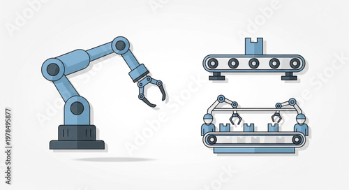 Industrial robotic arm and conveyor belt system illustration.