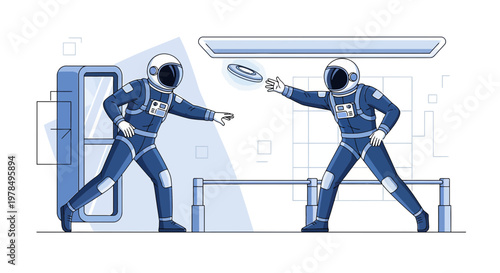 Astronauts playing frisbee inside a space station, enjoying free time in zero gravity environment