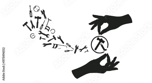 hands assembling construction tools and hammer