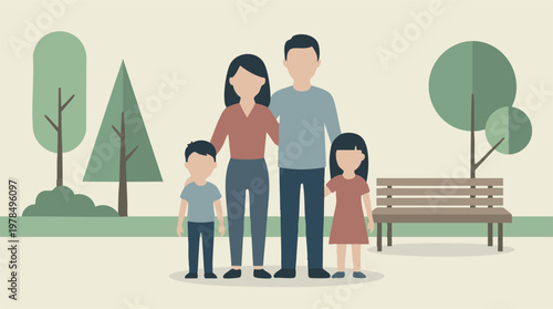 Minimalist illustration of a family of four (parents, son, daughter) in a park