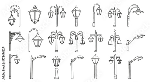 Collection of vintage and modern street lamp designs in black and white