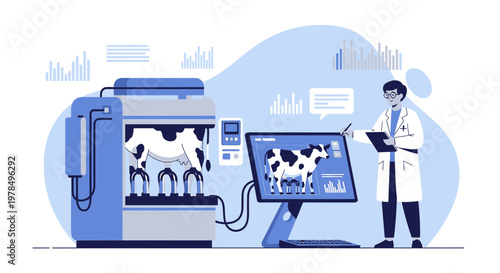 Automated dairy farm process, analyzing cow's data with doctor using modern technology illustration