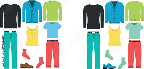 Casual and Comfortable Clothing Set with T-Shirts, Cardigans, Pants, Shoes, and Accessories for Fashion Illustrations