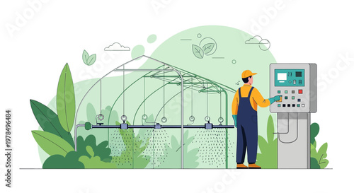Automated irrigation system in a modern greenhouse monitored by a professional gardener or farmer