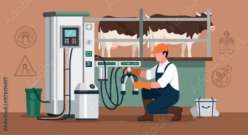 Automated milking process at a modern dairy farm with farmer and equipment in operation for milk