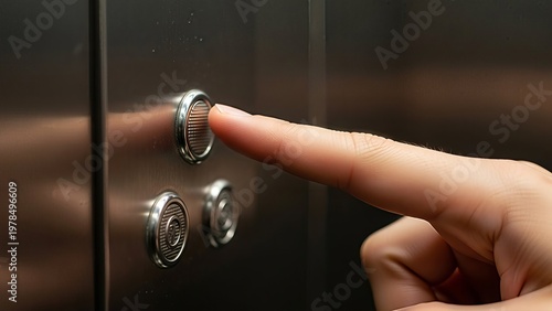 Finger pressing elevator button showcasing accessibility and modern convenience