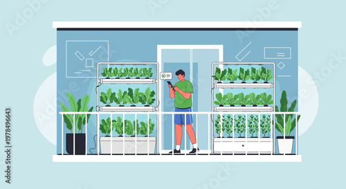 Balcony hydroponic garden system cultivated by a man using mobile app to improve the quality of