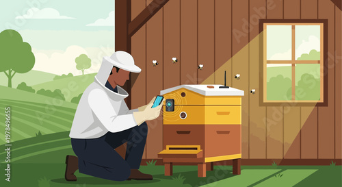 Beekeeper using smartphone to monitor modern beehive with integrated technology and rural landscape