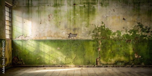 Sunlit Room with Aged, Mossy Walls and Tiled Floor