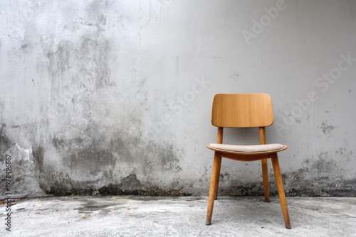 Wooden chair sits against a textured concrete wall.