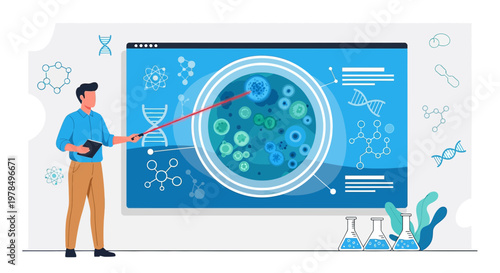 Biological research illustration with a scientist giving a presentation with blue background
