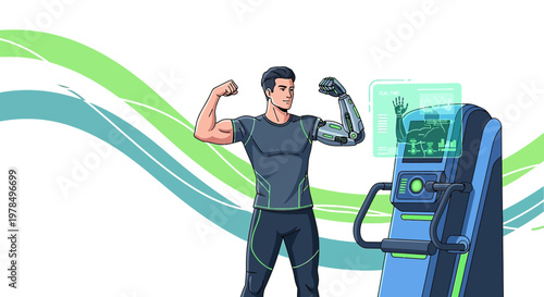 Bionic strength illustration man with prosthetic arm displaying fitness technology advancements